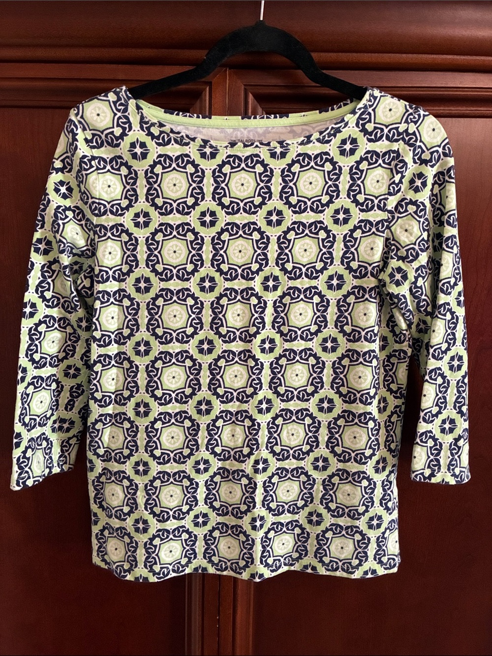 Talbots Women's Patterned 3/4 Sleeve Top - Navy and Light Green